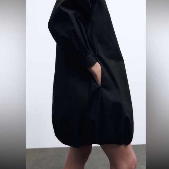 Zara Big Collar Poplin Bubble Hem Dress in Black W2163 Sz S - Picture 5 of 11